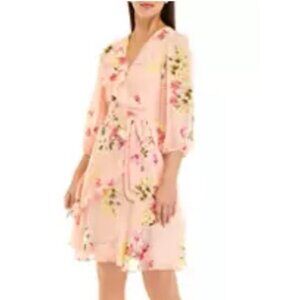 Julian Taylor Dress 18W Flowy Pink Floral 3/4 Sleeve Ruffle Washable Summer NEW